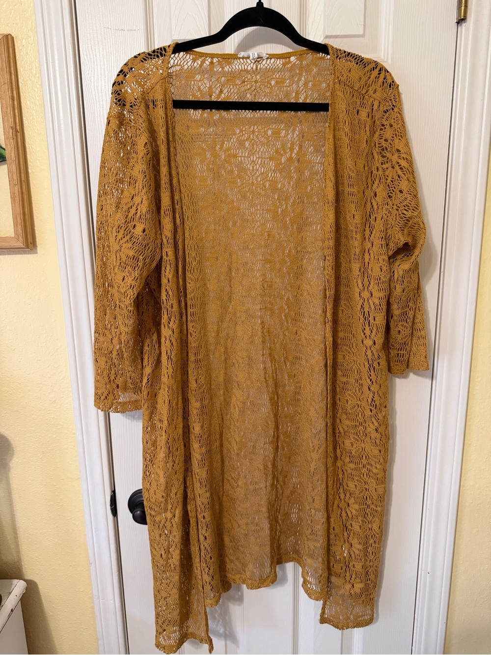 Open-Front Mustard Crochet Cardigan
